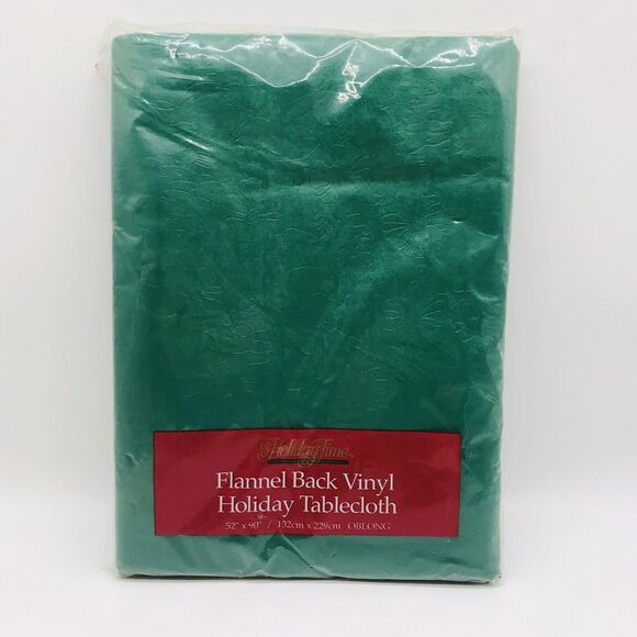 NEW Holiday Time Green Christmas Tablecloth Flannel Back Vinyl 52 x 90" Oblong - Picture 1 of 5